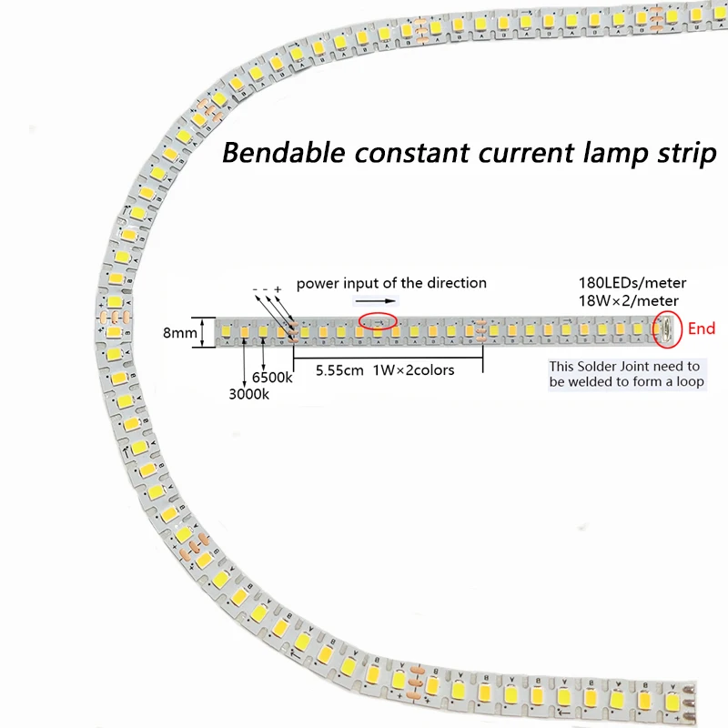 3 meters 2835 180D dual colors Bendable constant current lamp strip 6mm Width for repairing chandeliers, 3000K+6500K LED ribbon