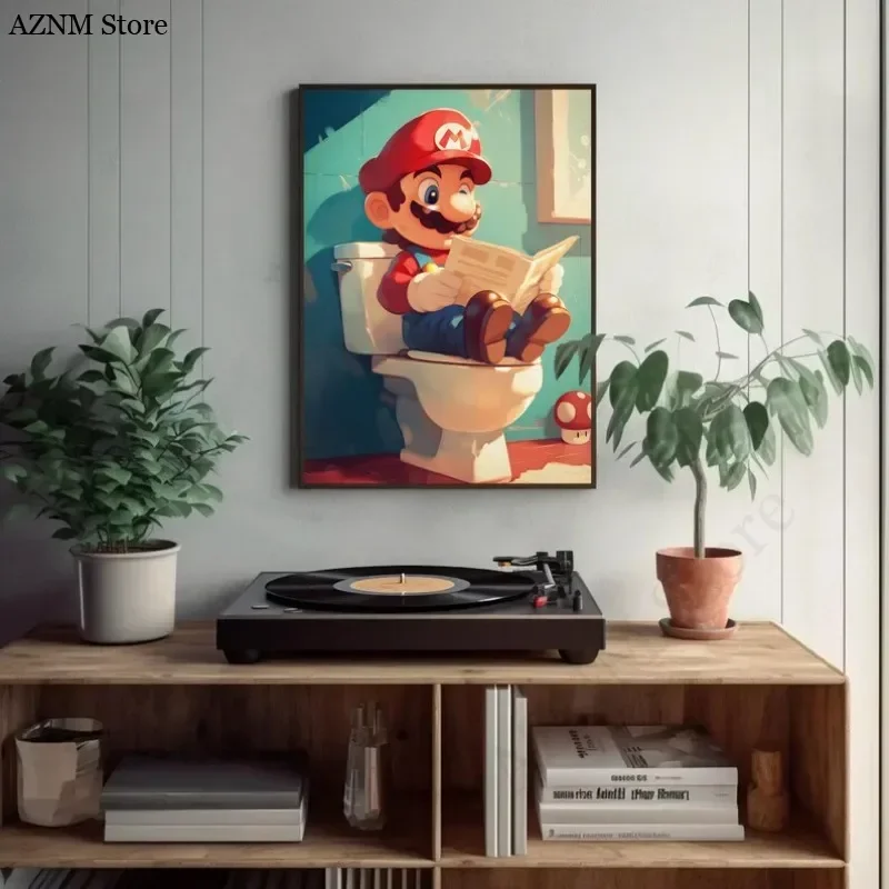 Funny Bathroom Cartoon Video Game Poster Cute Animated Characters Toilet Canvas Painting Wall Art Shower Room Kids Home Decor view 3