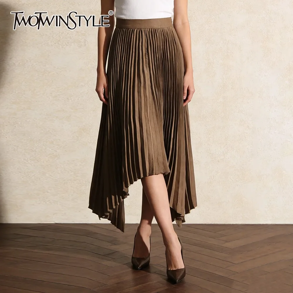 TWOTWINSTYLE Khaki Spliced Folds Irregular Skirt Female High Waist Loose Vintage Literary Women's Long Skirts Autumn New Fashion