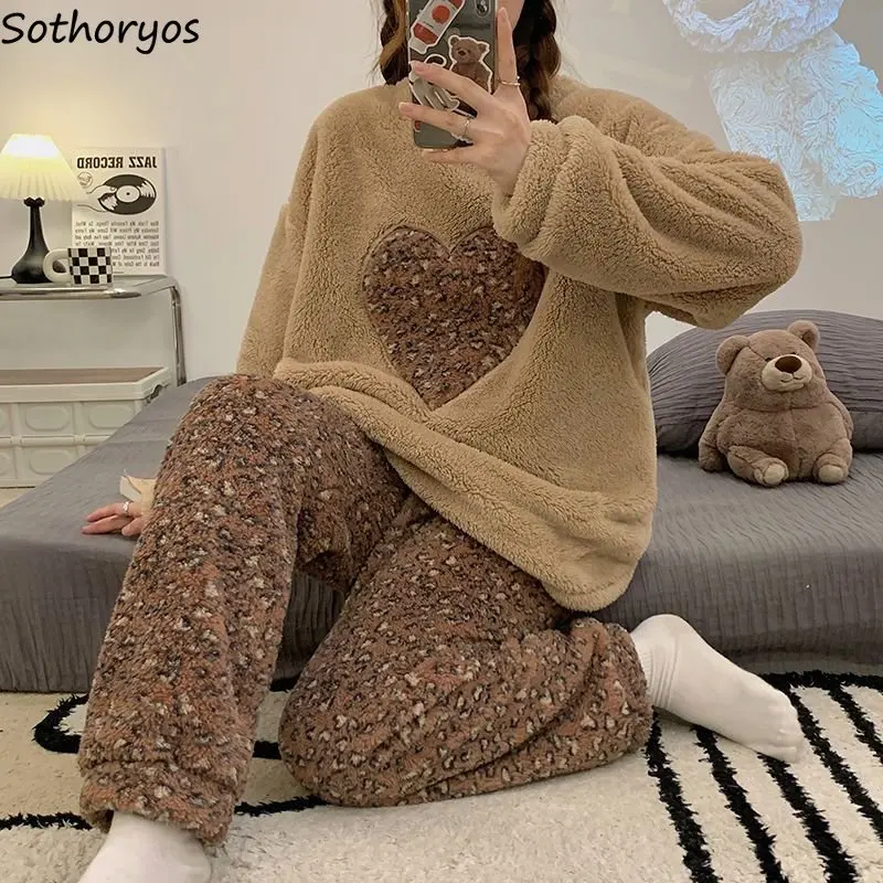 

Pajama Sets Women Patchwork Cozy Winter Casual Sleepwear Vintage Light Soft Lounge Feminine Elegant Student Nightwear Ulzzang