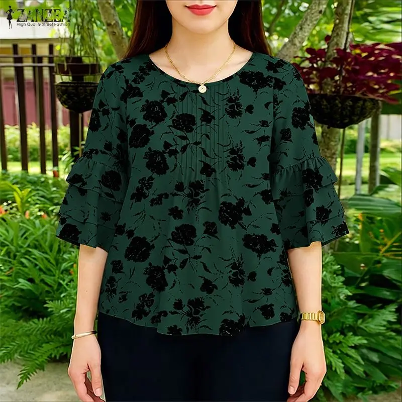Bohemian Floral Printed Blouse ZANZEA Women Casual O Neck 3/4 Ruffled Sleeve Holiday Tops Femme Summer Loose Work Shirt Oversize