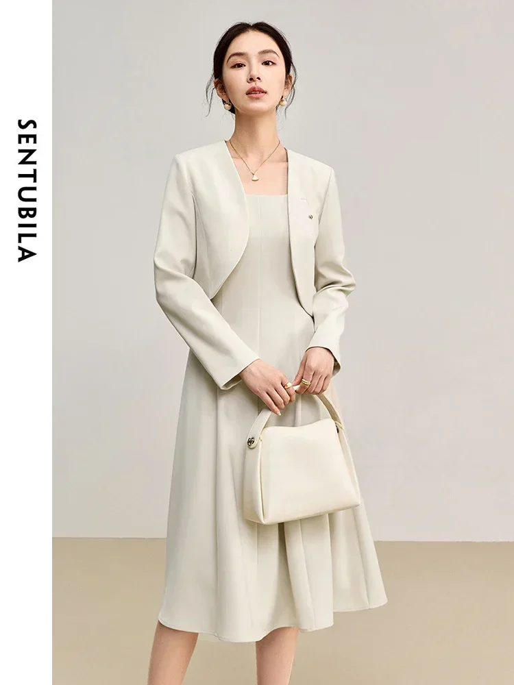 SENTUBILA femmes 2 pièces robe ensemble 2025 automne sans manches gilet a-ligne robe et veste courte bureau dame correspondant ensemble 143Z56089