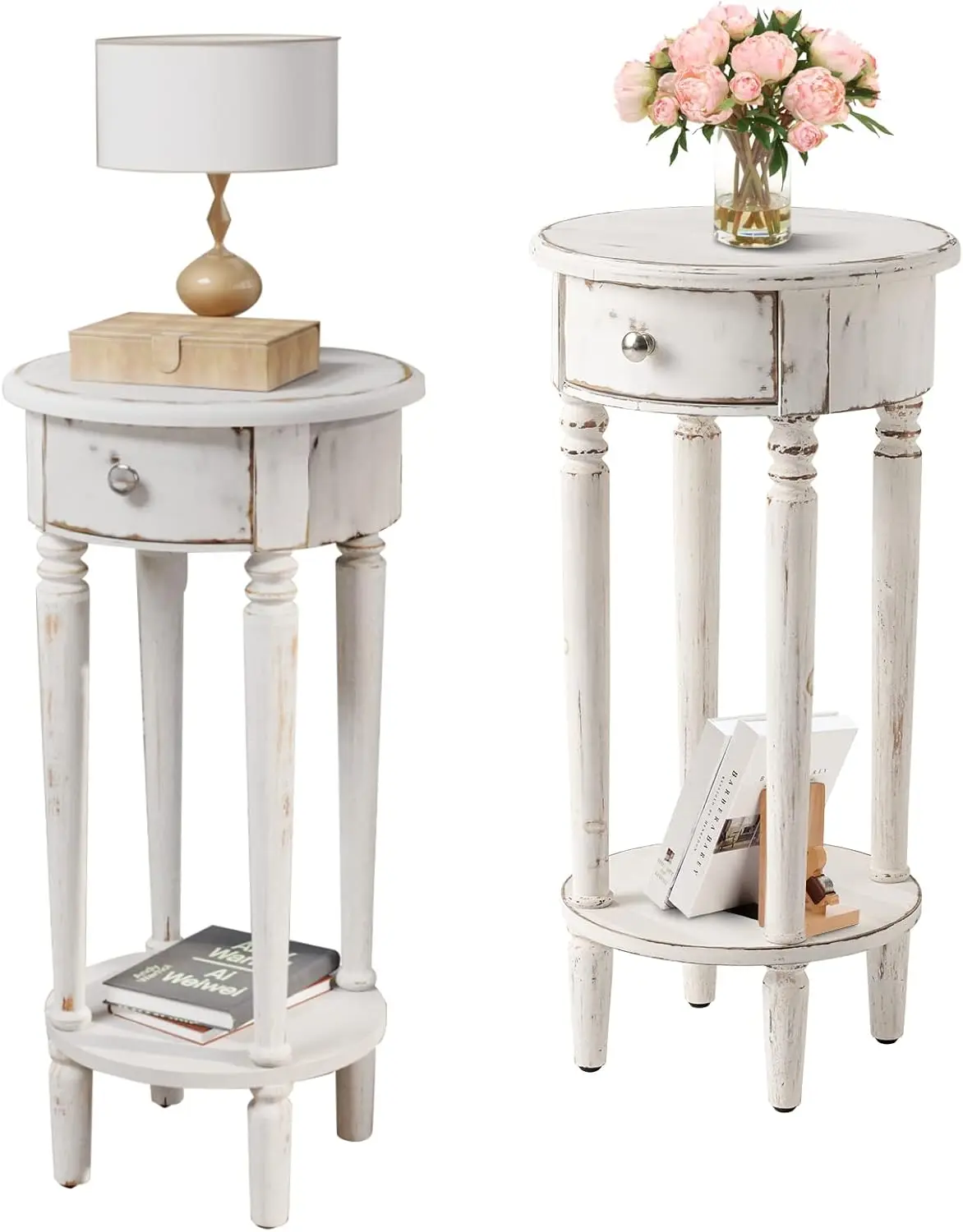 Cosiest Tall End Table With Drawer Sets Of 2, Round Nightstand Bedside Table With Storage Shelf, Industrial Telephone End Table