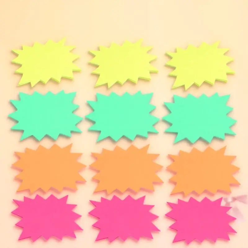 120 Uds. Etiquetas de precios de papel fluorescente en forma de explosión para productos, letrero de precio pequeño, tienda de comestibles, mesa de exhibición al por menor