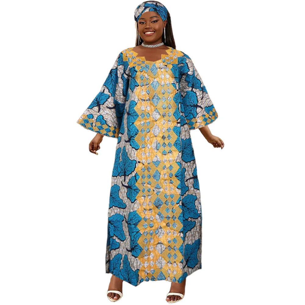 African Clothes for Women 2024 New Plus Size Dashiki Ankara Embroidery Bazin Riche Design Wedding Party Dresses with Headscarf