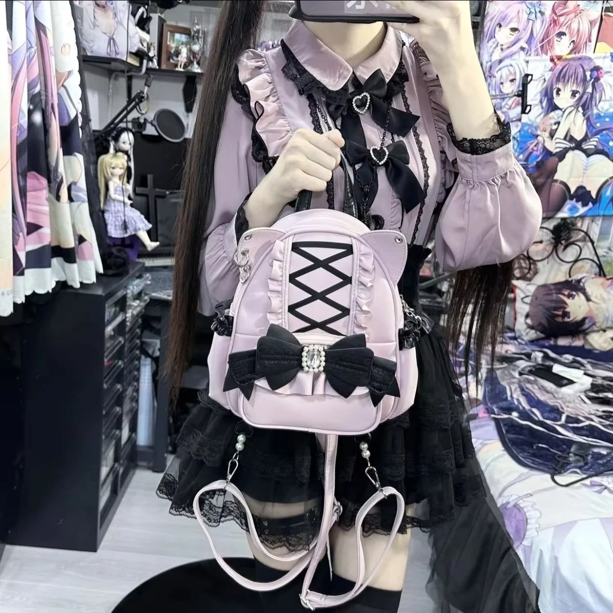Sweet Japanese Lace Bow Cat Ear Backpack Student Women's Lolita Black Pink Cute Leather Shoulder Bag Schoolbags Mochilas Mujer