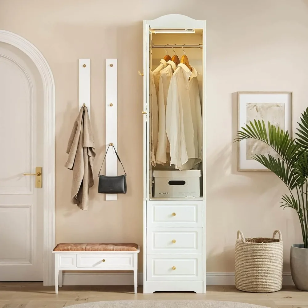 

69.5 H Armoire Wardrobe Closet, Wood Bedroom Armoires Cabinet with Mirror Door and 3 Drawers, White Clothing Storage Cabinet