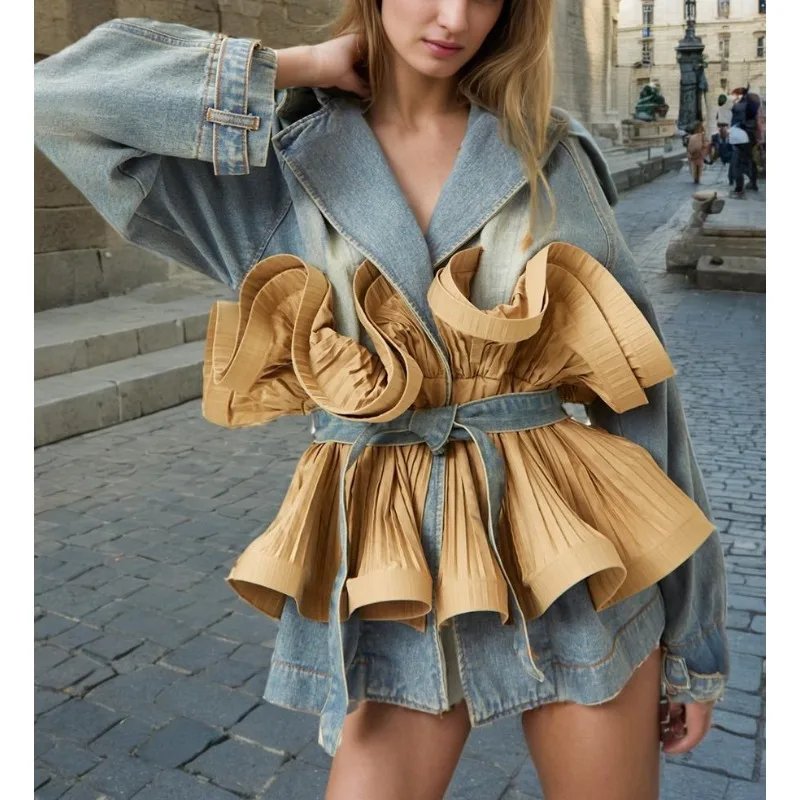 chwork Ruffled Casual Denim Jacket, Women's V-neck Long Sleeve Patchwork, Belted Peplum Coat Fall 2024 خواتین کا فیشن