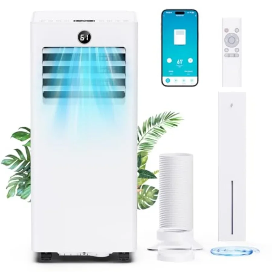 Portable Air Conditioner 8000 BTU for bedroom/office, white ABS plastic, ultra-quiet with WiFi/app control, 24H timer, dehumidi
