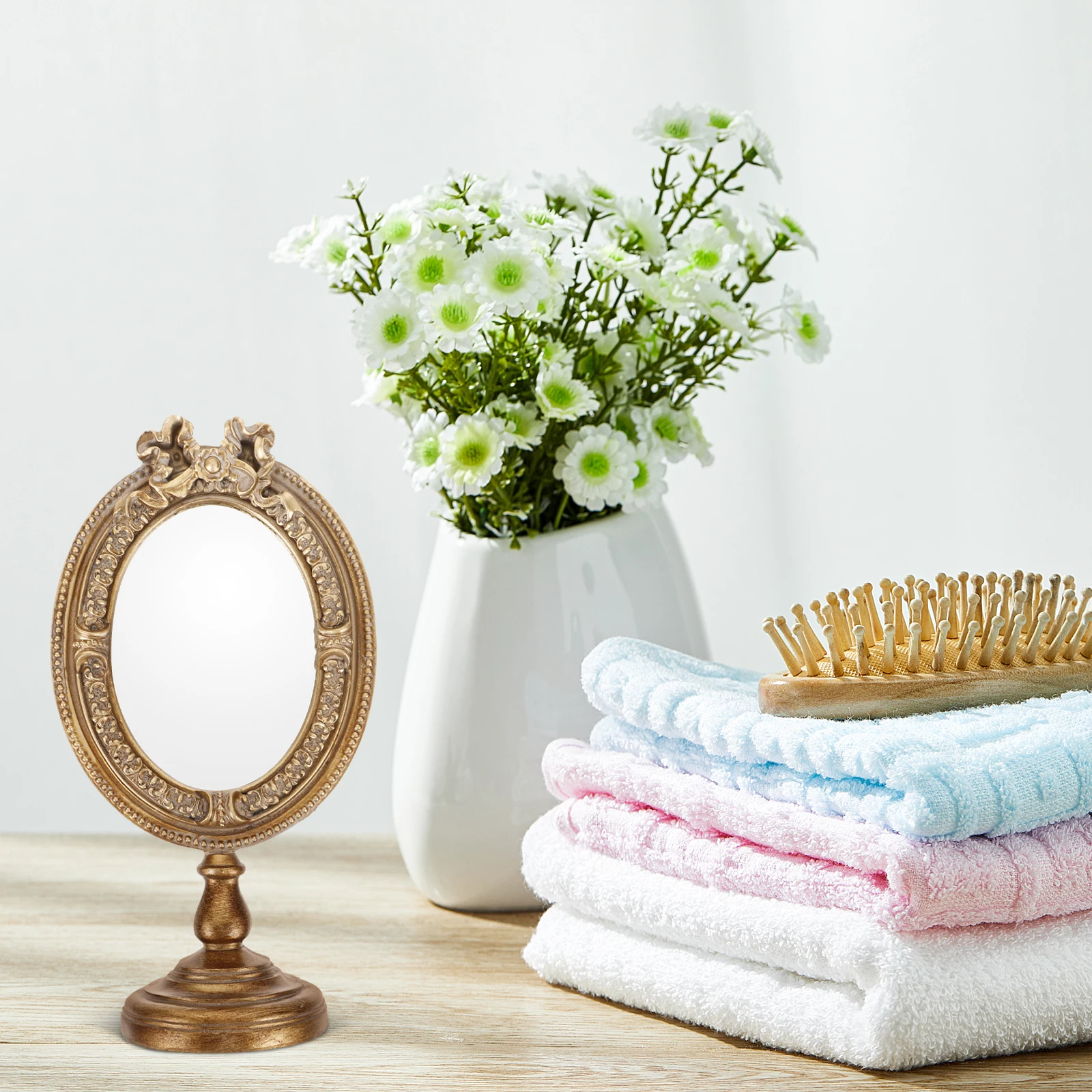 

Desktop Mirror Vintage Mirror European Design High Definition Reflection Lightweight Flat Base for Bedroom Dresser