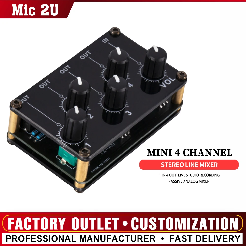 Mini Stereo Line Mixer 4 Channel 4out 1in for Live Studio Recording Portable Passive Analog Audio Sound Mixing Console Low Noise