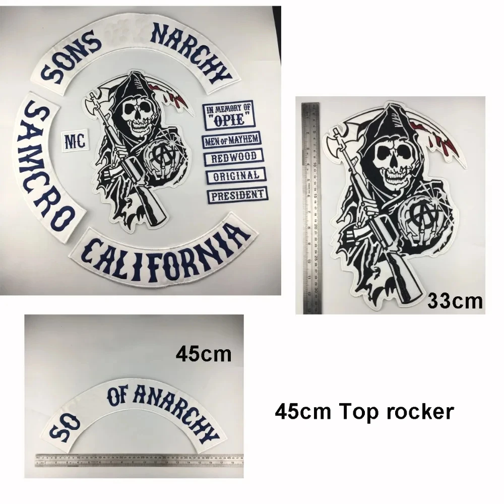 Sons of Patch Anarchy SOA Embroidery Patches Motorcycle MC Biker Rock Badge Whole Set Back Punk for Jacket Decoration Cusromized