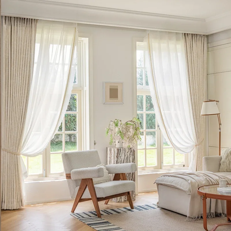 French Jacquard Chenille European Texture Romantic Cream Blackout Curtains For Living Dining Room Bedroom Custom Lace Tulle