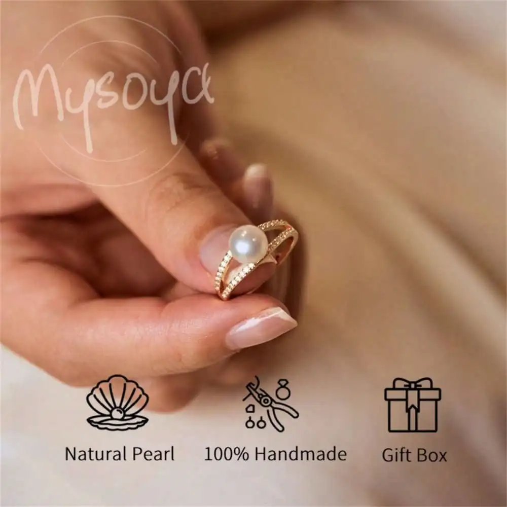 

MYSOYA Minimalist Freshwater Pearl Ring 8-9mm Pearls Gift Box Engagement Ring Wedding Ring For Birthday/Christmas/New Year