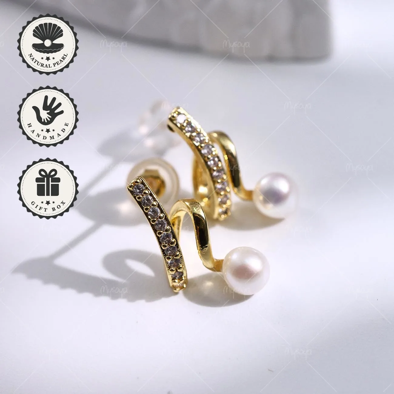 

Mysoya 4–5mm Natural White Freshwater Pearl Golden Ribbon Earrings Valentine’s Day Birthday Gift for Her