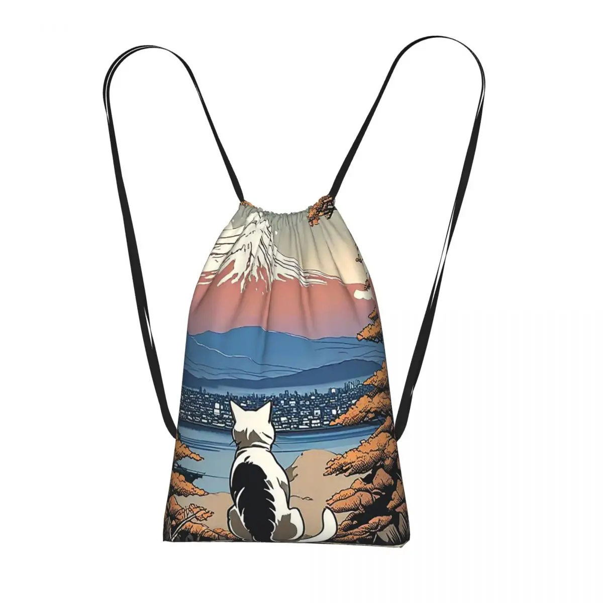 

Sakura Mount Fuji And Cat Backpacks Fashion Drawstring Bags Sports Bag Book Bags for Travel Students