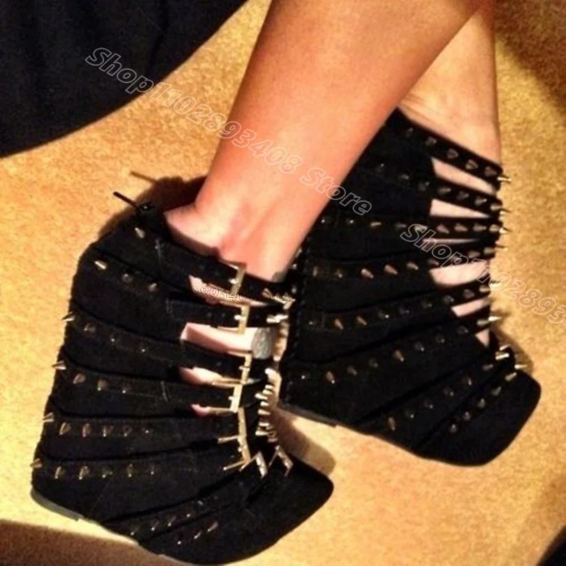 Schwarz Niet Dekor Runde Kappe Pumpen Keile Heels Persönlichkeit Britischen Stil Schnalle Frauen Kleid Casual Schuhe Zapatos Para Mujere