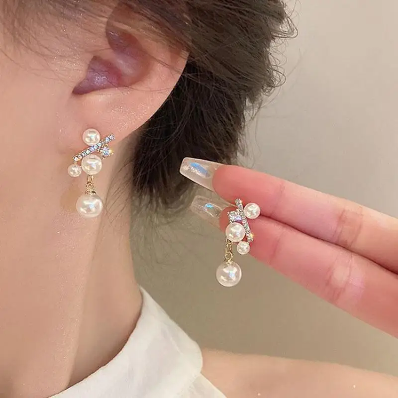 925 Silver Needle Korean Fashion Crystal Pearl Drop Earrings For Women Jewelry 2024 Trending New Luxury Zircon Women's Earrings