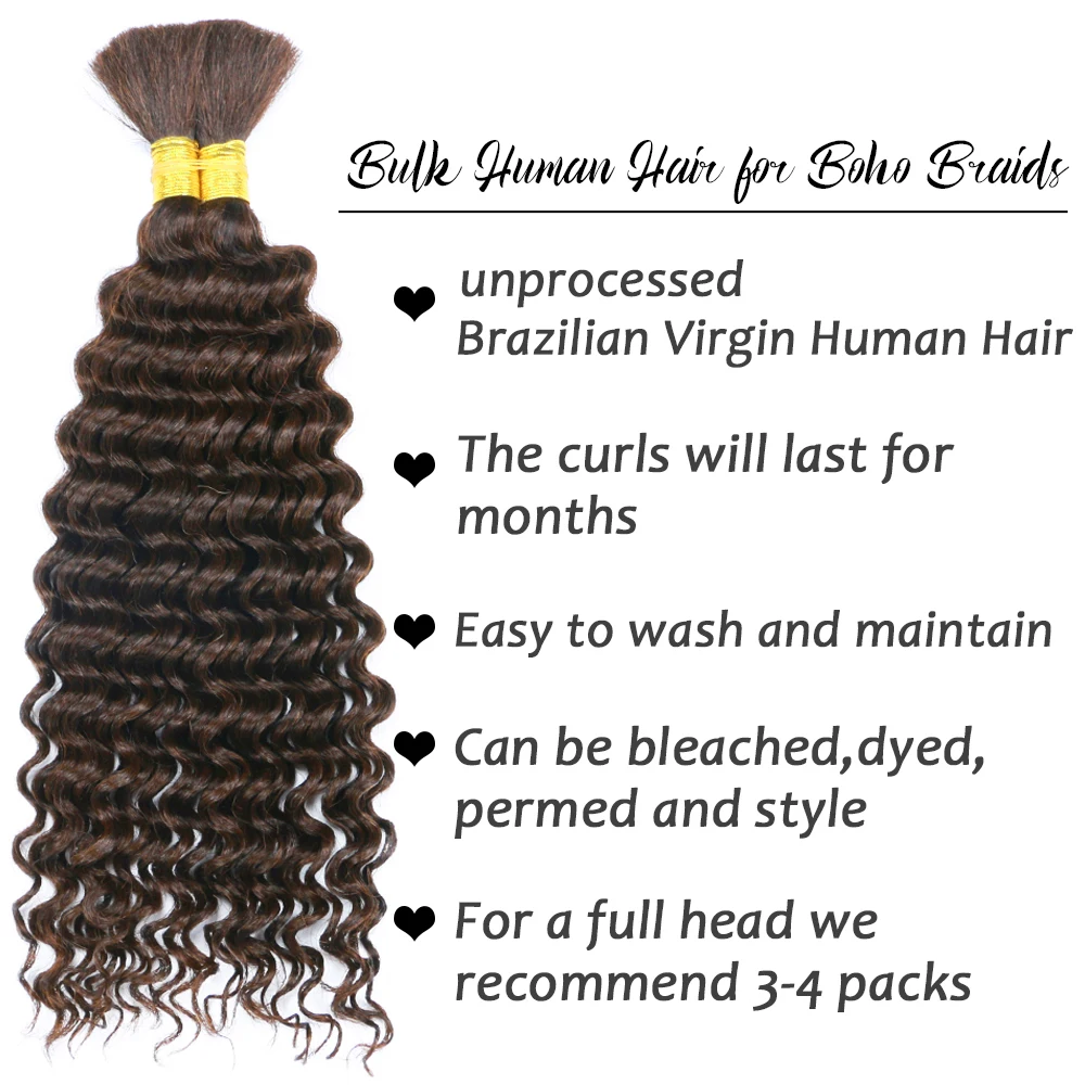 Chocolate Brown Braiding Hair for Boho Braids Human Hair Braiding Hair 2 Bundles/Pack 100g 18 Inch Deep Wave Boho Hair Braiding