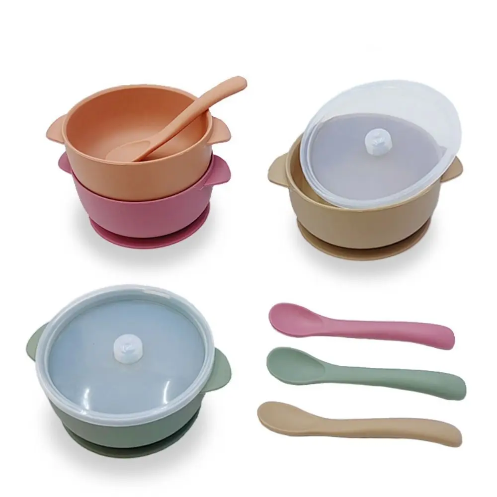 

Bowl Lid Spoon Set Baby Suction Dinner Bowl Durable Waterproof Baby Silicone Suction Plate Sturdy 400ML Feeding Tableware