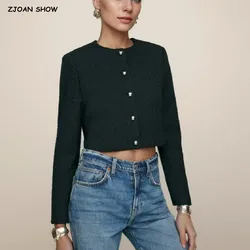 2024 Jesienny płaszcz z okrągłym dekoltem Miękki wełniany czarny tweedowy płaszcz Cropped Vintage Women Silver Buttons Full Sleeve Short Blazer Elegant Jacket