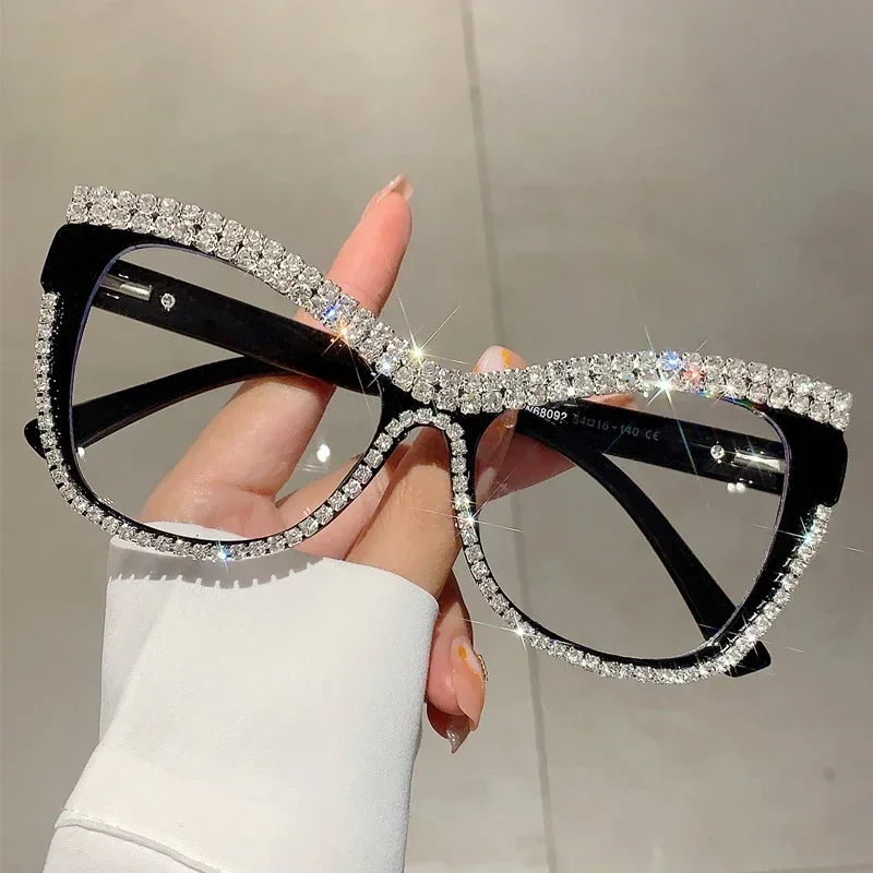 INS Cat Eye Glasses Anti-blue with Rhinestones Vintage Stylish Trendy Brand Design Oversized Eyeglasses Women for Decoration