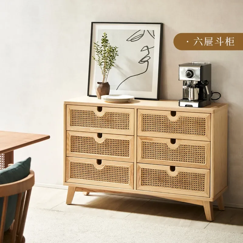 Nordic Solid Wood Rattan 4 Drawer Chest Cabinet Simple Modern Living Room Bedroom Storage Locker for Bed and Breakfast