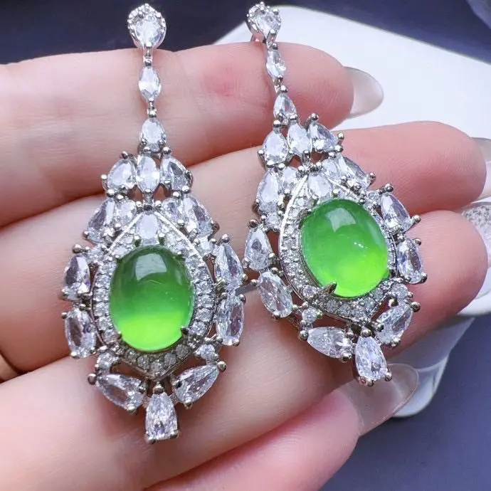 

Myanmar natural jadeite old pit inlaid oval egg surface women's jade stud earrings