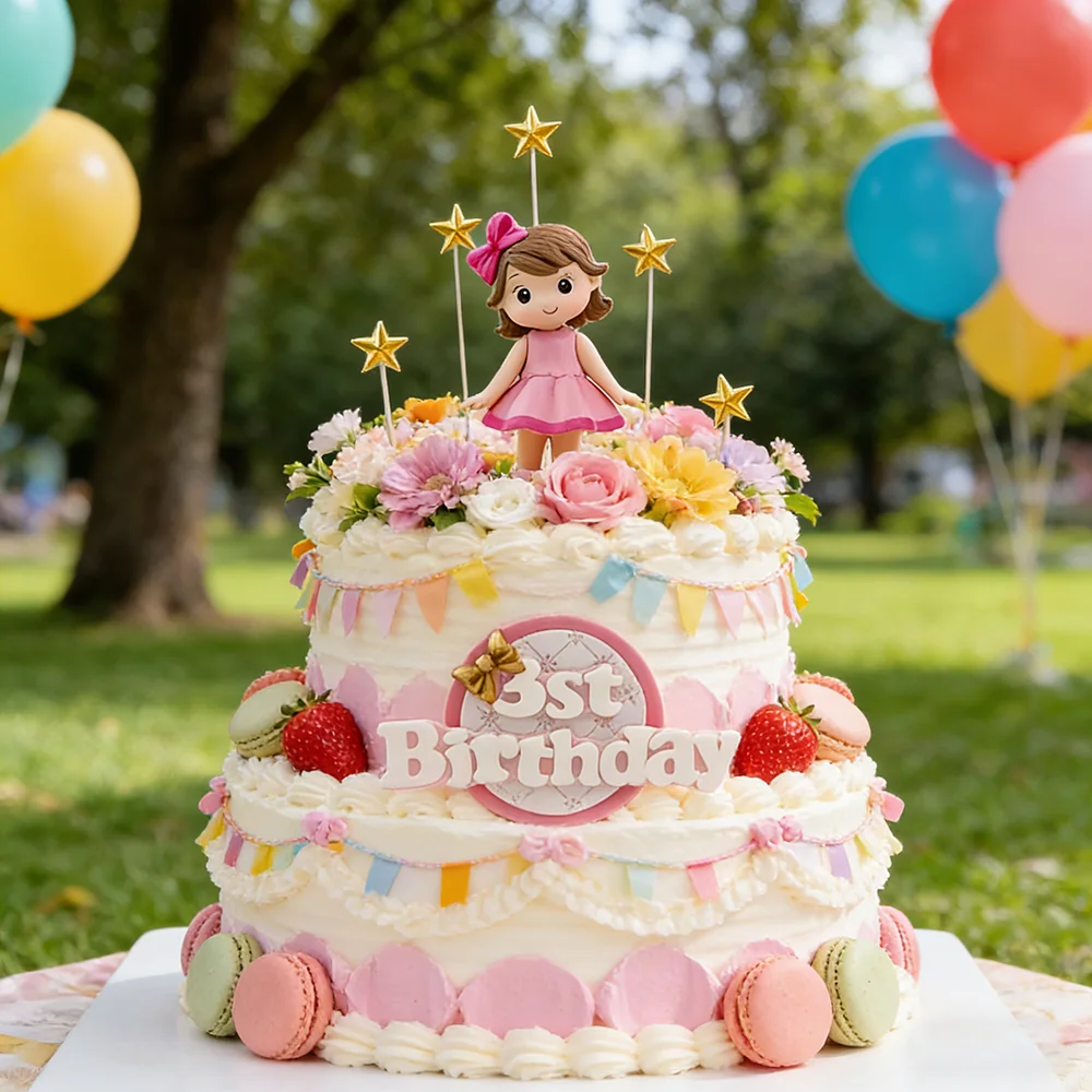 Happy 1st Birthday Princess Cake Topper Beautiful Girl With Bow Stars For Baby Shower Party Cake Decoration Prop Supplies