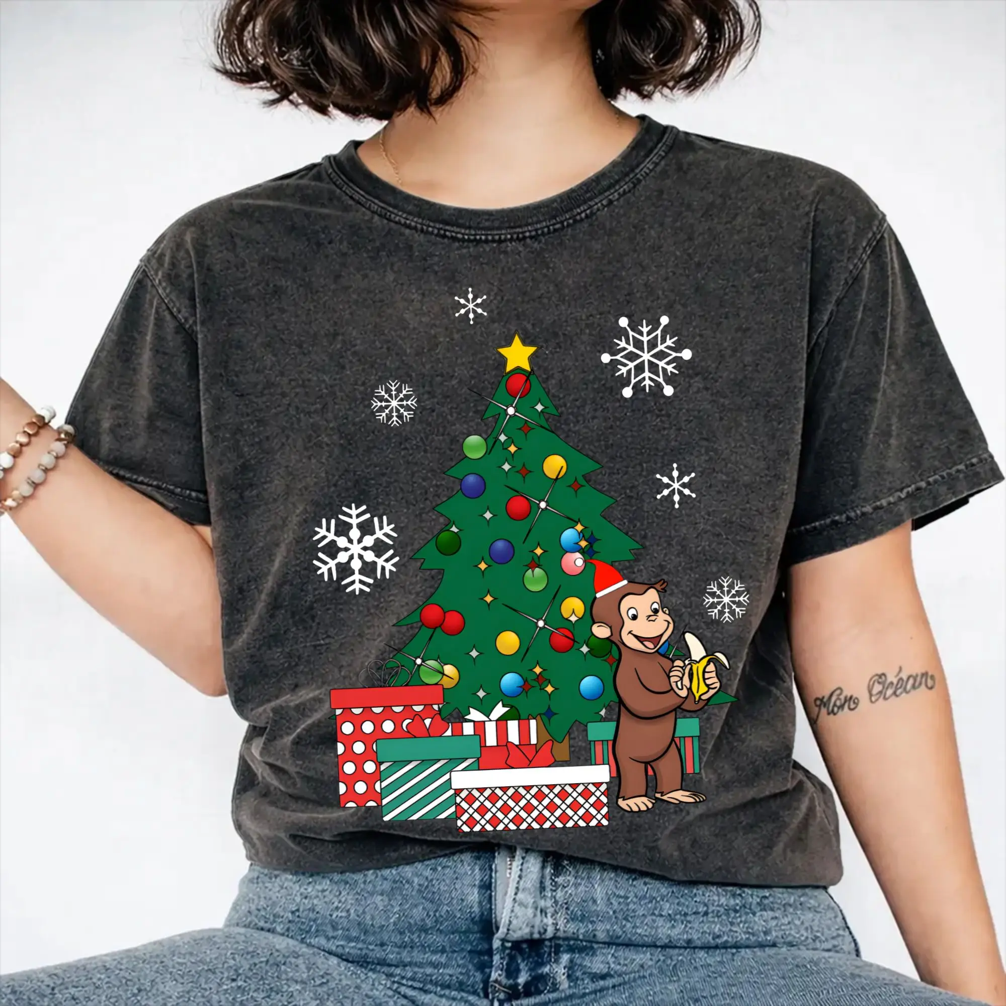 Curious George Around The Christmas Tree  T Shirts Hip Hop Washed Short Sleeve Oversize T-Shirt  Novelty Men Women Streetwear