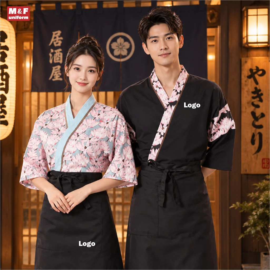 Japanese Izakaya Uniform Kimono Style Top, Floral Print Mid Sleeve Workwear for Men Women, Sushi Restaurant Waiter Waitress logo