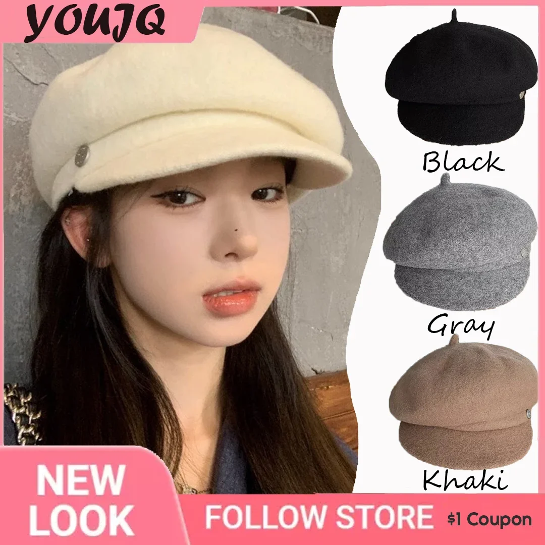 

Korea Women Autumn Winter Plain Berets Hats for Women Classic Vintage Artist Painter British Flat Top Woolen Cap Gorras Hombre