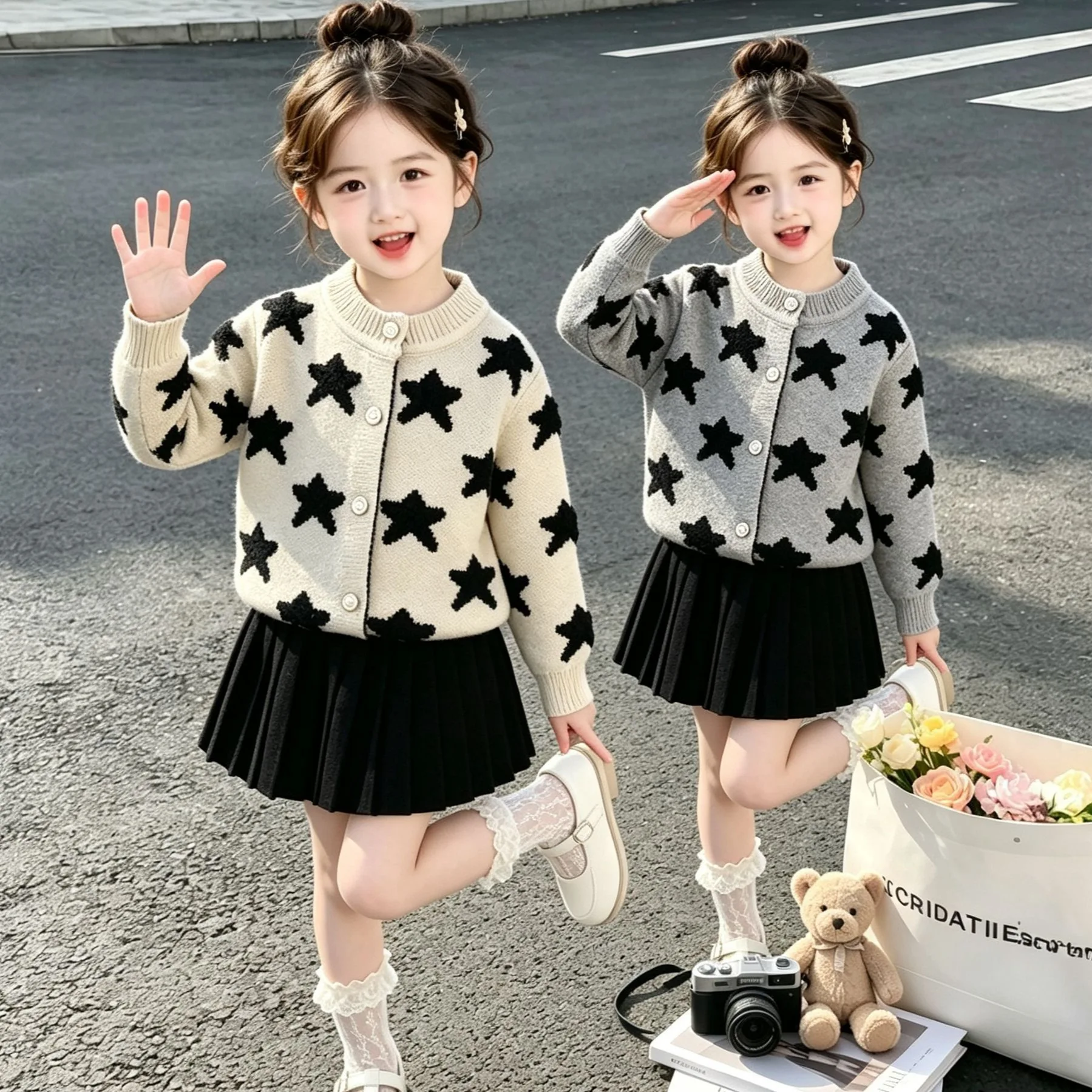 Korean Children Clothing 2026 New Autumn and Winter Girls Five Pointed Star Knitted Sweater Stylish Knitted Skirt Two Piece Set