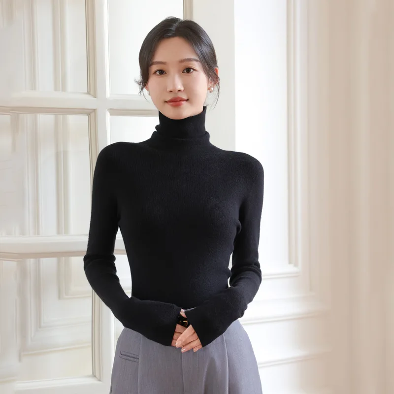 เสื้อคอเต่าผ้าวูลไร้ตะเข็บสำหรับผู้หญิง รุ่น First-Line เสื้อสเวตเตอร์ถักคอปกสำหรับฤดูใบไม้ร่วงและฤดูหนาว ช่วยให้ดูผอมเพรียว