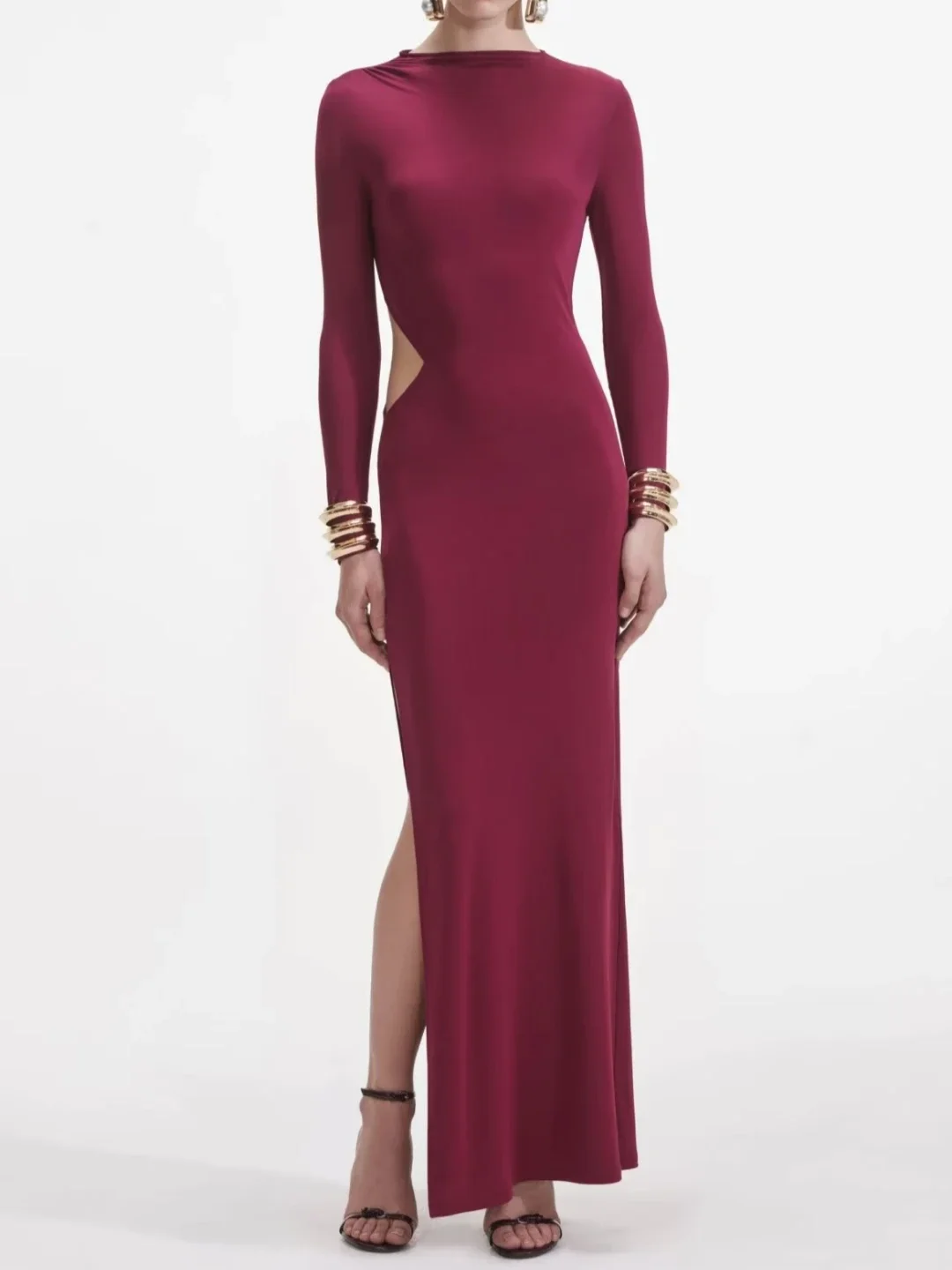2025 New Female Satin Long Dress 2 Colors Backless Round Neck Long Sleeve Split Party Ladies Robe