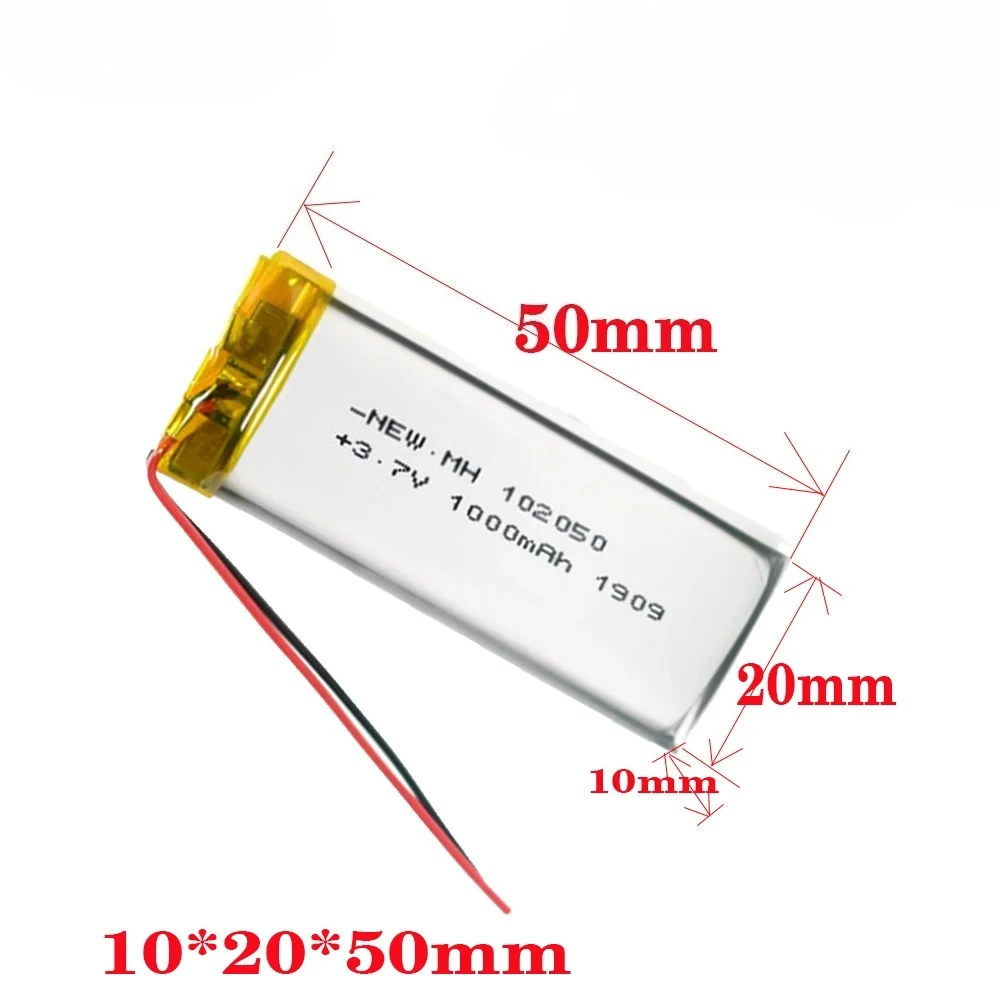 3.7V 1000mAh 102050 Li-Po Battery Rechargeable Polymer Lithium Battery for Bluetooth Speaker, Power Bank, DIY Electronics