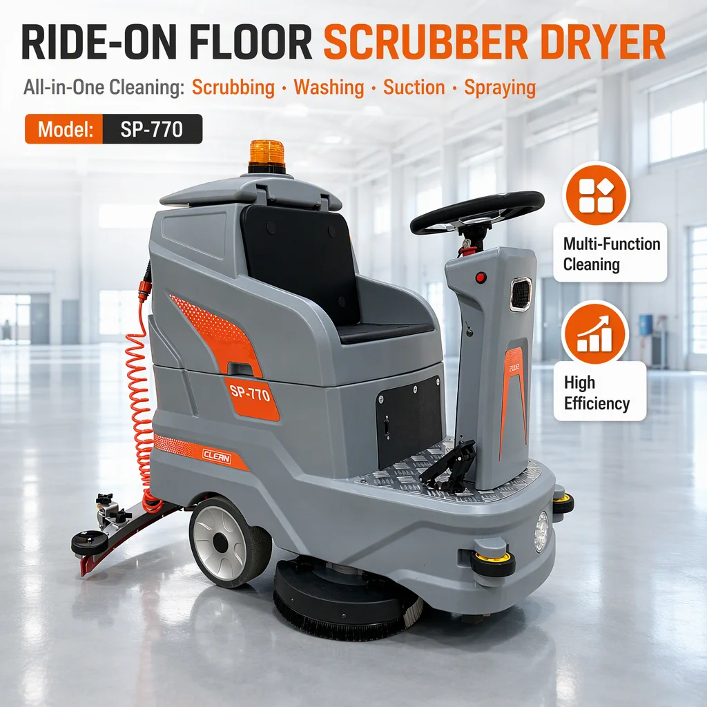 SP770 Commercial Ride-on Floor Scrubber 130L Dual 14 Inch Brush Floor Washer Dryer 770mm Auto Ground Cleaning Machine for Factor