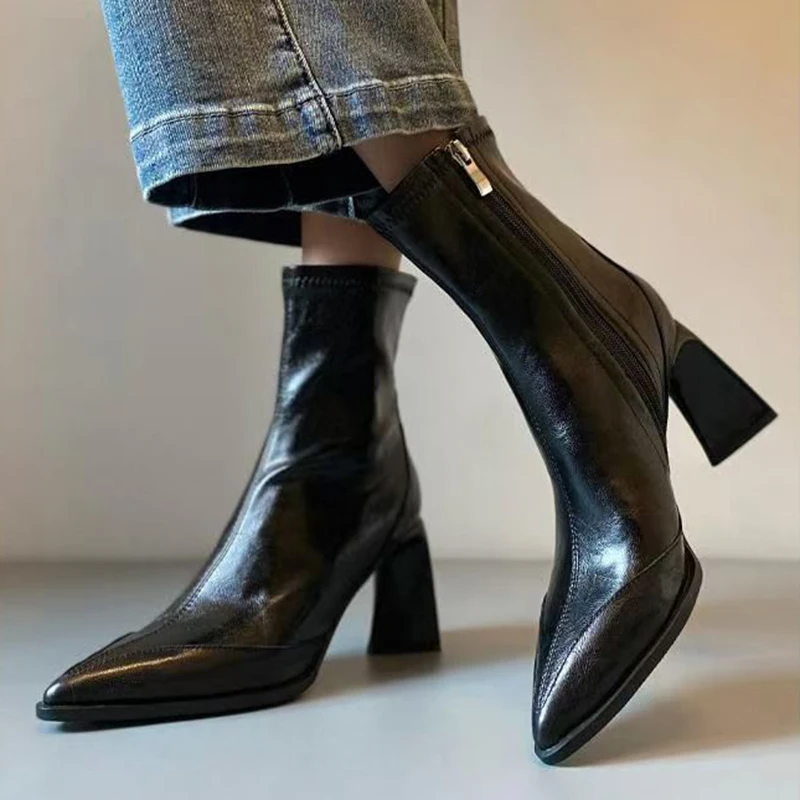 

Brand Design Pointed Toe Black Ankle Boots for Women 2025 Autumn French High Heel Boots Woman Side Zipper PU Leather Botas Mujer
