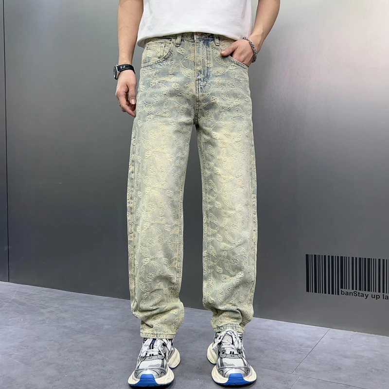 Paisley Pattern Men's Jeans Casual Loosen Fit Denim Bottoms Washed Mid Rise Trousers Male's Y2K Pants