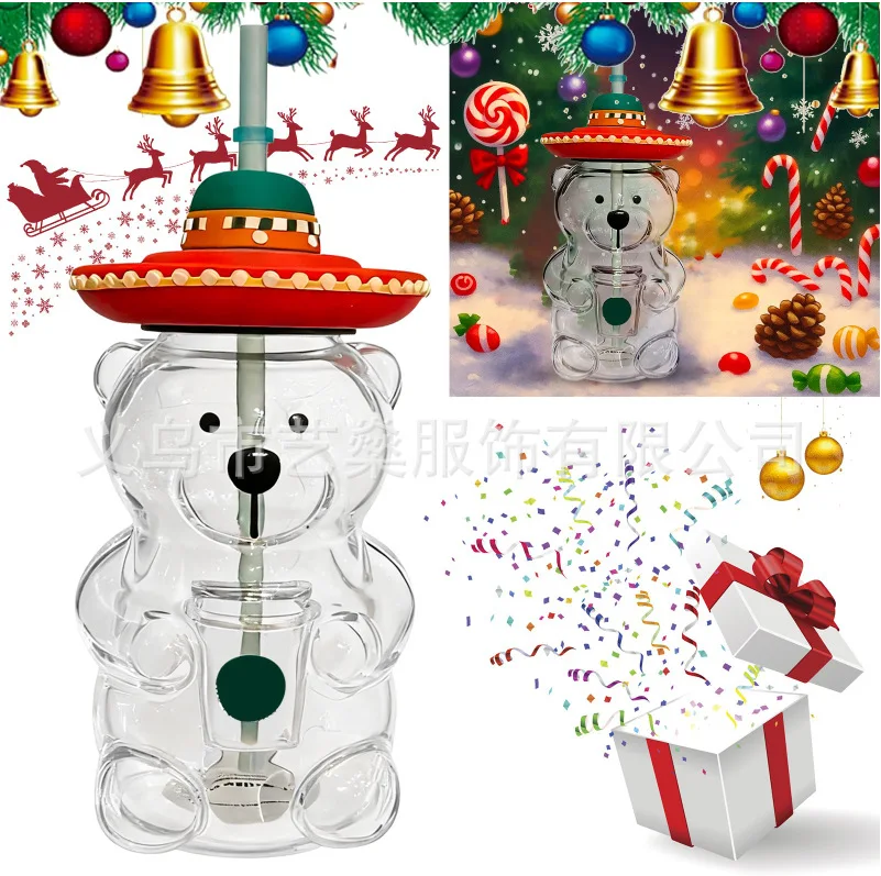 

Bear Shape Plastic Or Glass Cup With Straw Coffee Mug Cute Cartoon Creative Glass Juice Cup Tea Cup Drinkware New Year Decor
