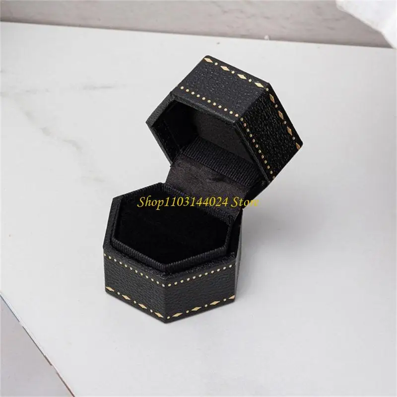 N5KE Ring Holder Box with Gold-Tone Border Pattern and Hinged Lid