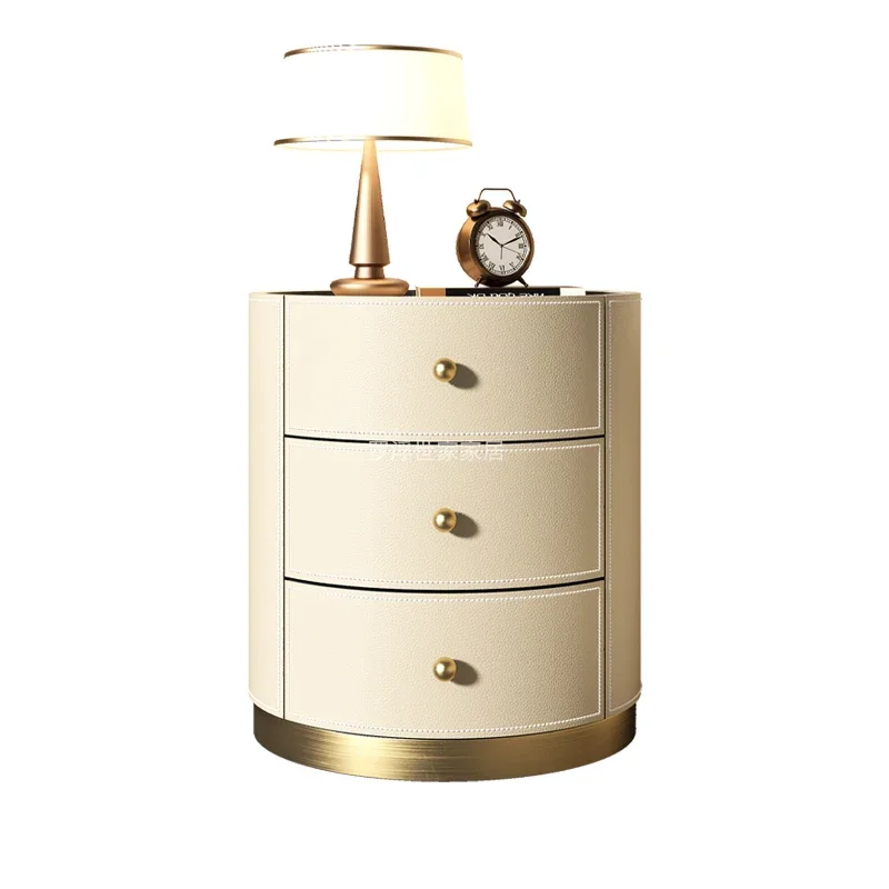 Bedside table Saddle leather Light luxury High sense Modern simple round small bedroom Storage side cabinet