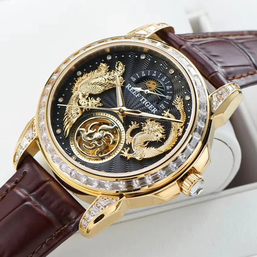 Reef Tiger Men Automatic Watch 42.7mm Mechanical Wristwatch Sapphire Mirror 50M Waterproof Luminous Dragon Phoenix Dial