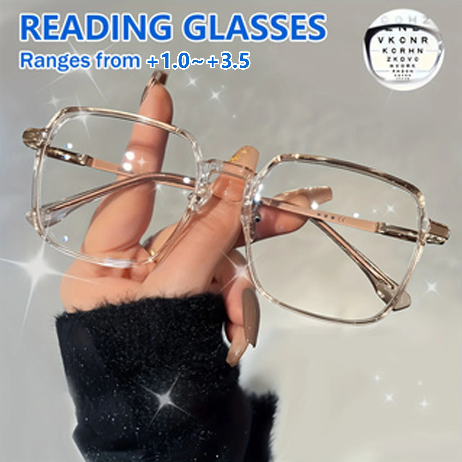 Quadratische Lesebrille für Damen, Blaulichtfilter, Trendige Leichtgewicht-Lesebrille mit Metallbügeln, Komfortable Sehhilfe – Detail 4