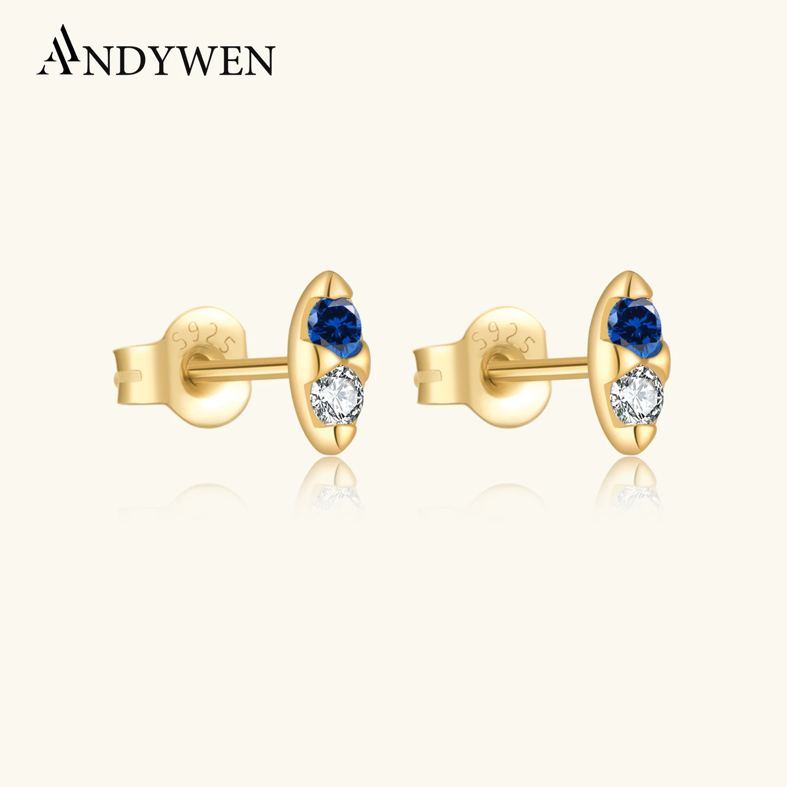 ANDYWEN 925 Sterling Silver Blue Marqulse Clear CZ Stud Earring Clips Piercing Pendientes 2026 Fashion Daily Jewelry Gift