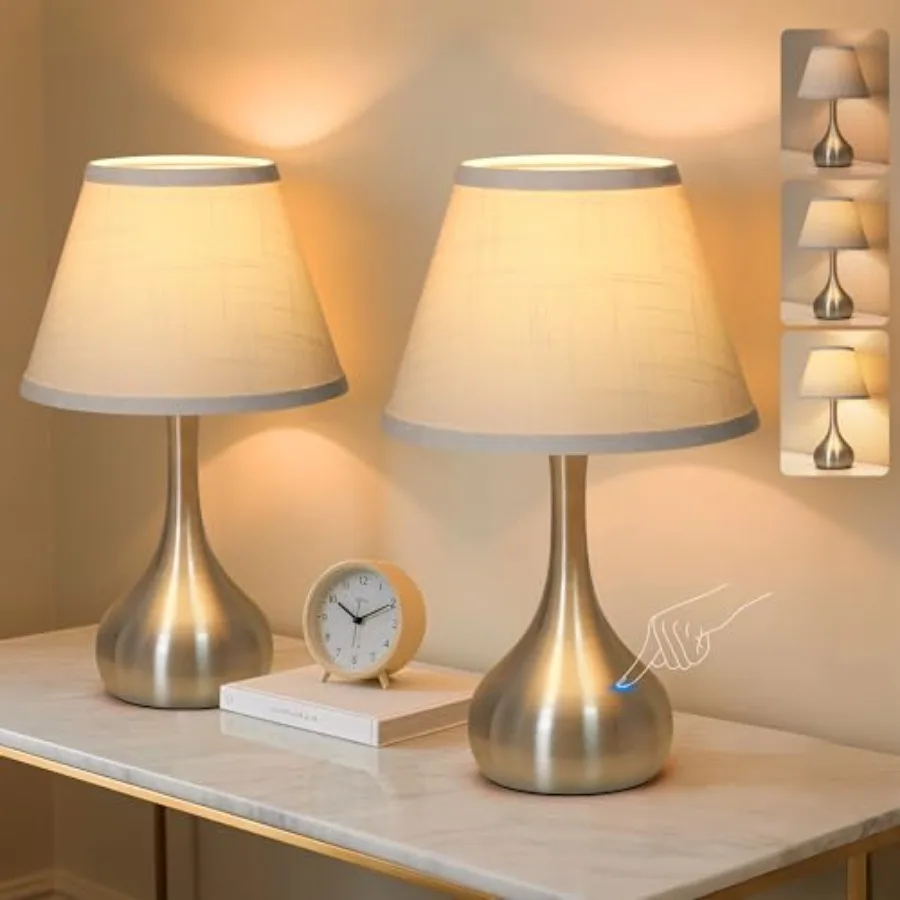 

17" Touch Table Lamp for Bedroom Set of 2, 3-Way Dimmable Bedside Lamp for Nightstand, Modern Metal Desk Lamp with Linen Shade