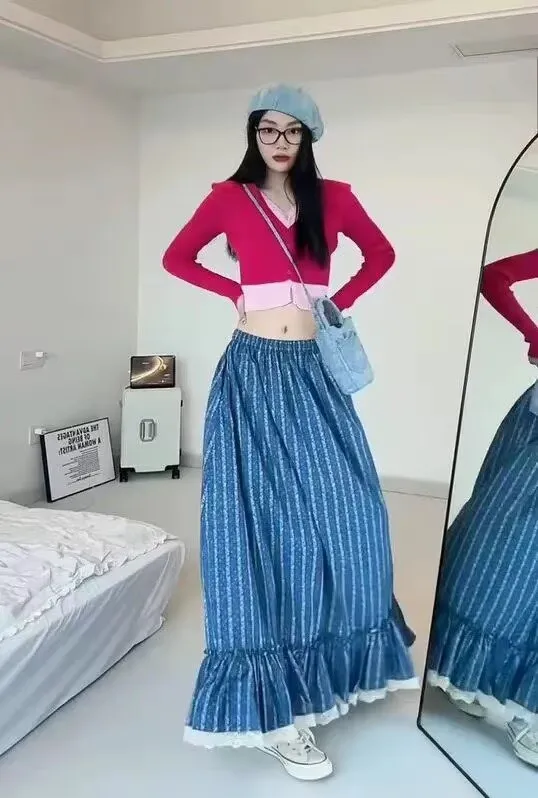 Women Blue Striped Floral Long Skirt High Waist Ruffle Lace Hem A-Line Maxi Y2k Skirt Summer France Holiday Beach Faldas Mujer
