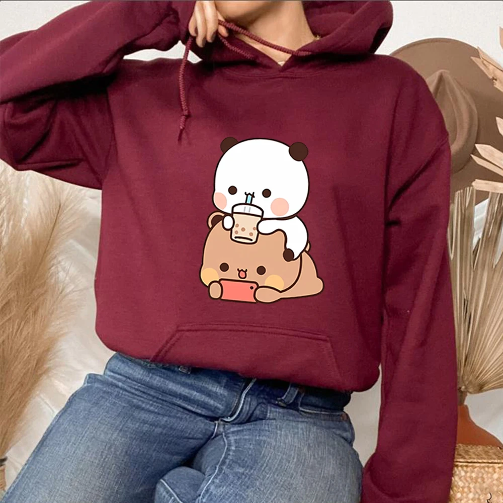 Cute Panda Bear Hoodie Bubble Tea Shirt Bubu and Dudu Tee Unisex Anime Clothes Kawaii Sweatshirt Vintage Cartoon Graphic Hoodie