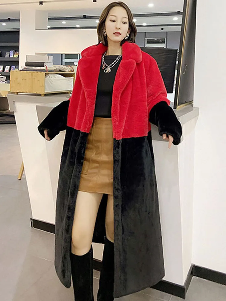 

2025 Winter Women's Long Faux Rabbit Fur Coat, Mixed Color Thick Warm Oversized Plush Jacket, Cozy Hooded Winter Coat for Women