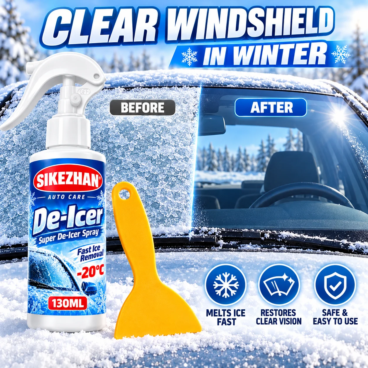 SIKEZHAN 130ML Car Windshield De-Icer Spray with Ice Scraper, Fast Ice Frost Snow Removal for Auto Glass in Winter -20°C